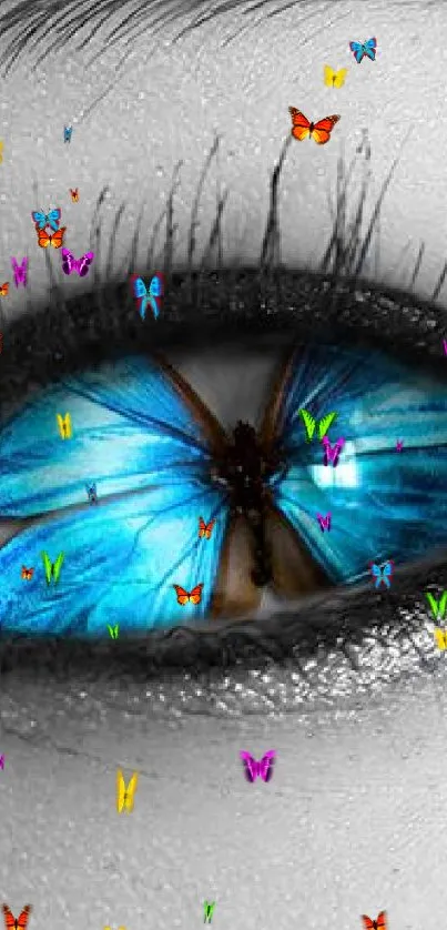 Vivid blue butterfly in grayscale eye, surreal mobile wallpaper art.