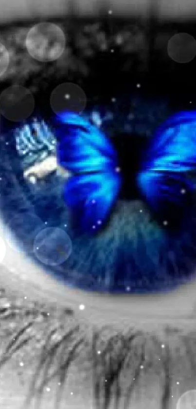 Blue butterfly in eye art wallpaper for mobile devices.