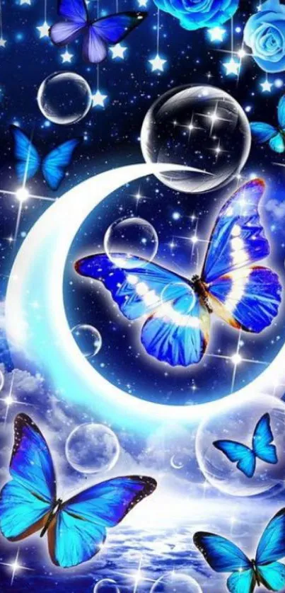 Blue butterflies and crescent moon fantasy art wallpaper.