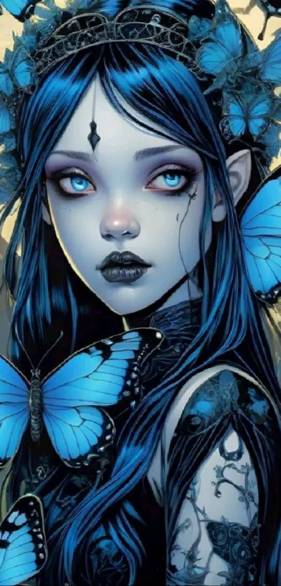 Fantasy girl and blue butterflies wallpaper.