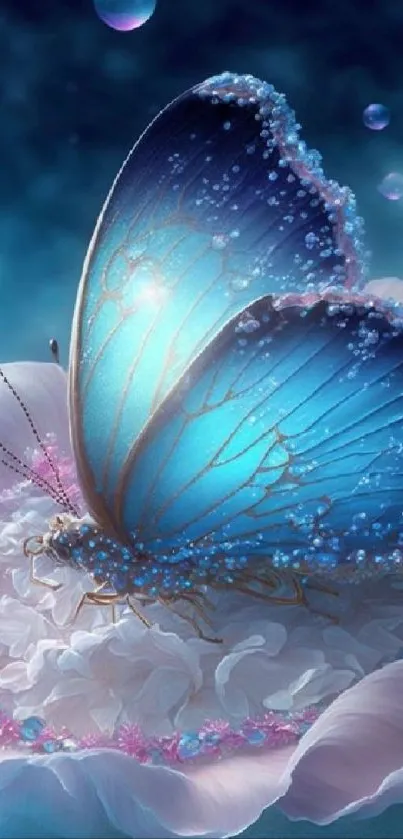 Luminescent blue butterfly on flower with dreamy background.