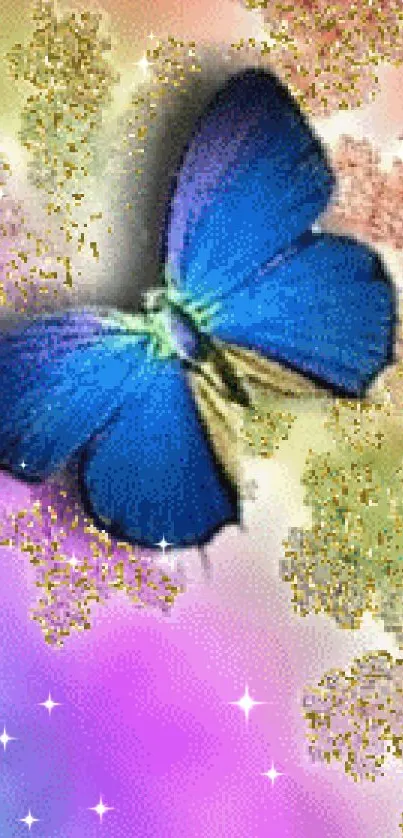 Blue butterfly with rainbow hues and nature accents.