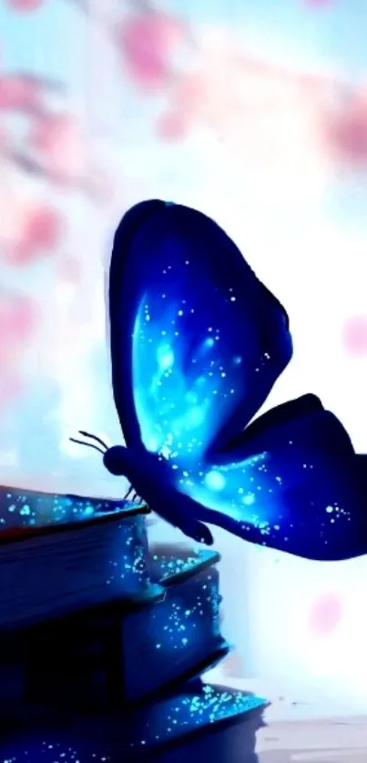 Blue butterfly resting on books, surrounded by pink hues.