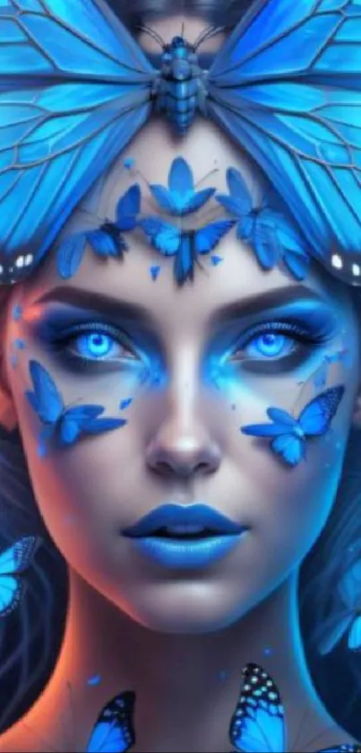 A stunning blue butterfly fantasy portrait wallpaper.