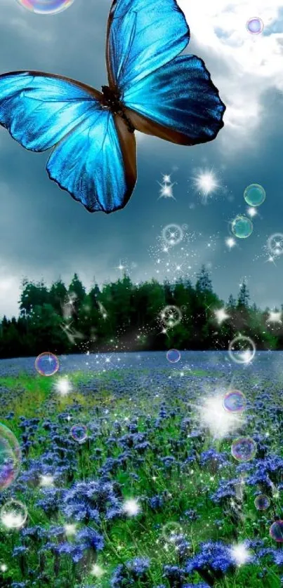 Blue butterfly with sparkles over a lush field, under a clear sky.