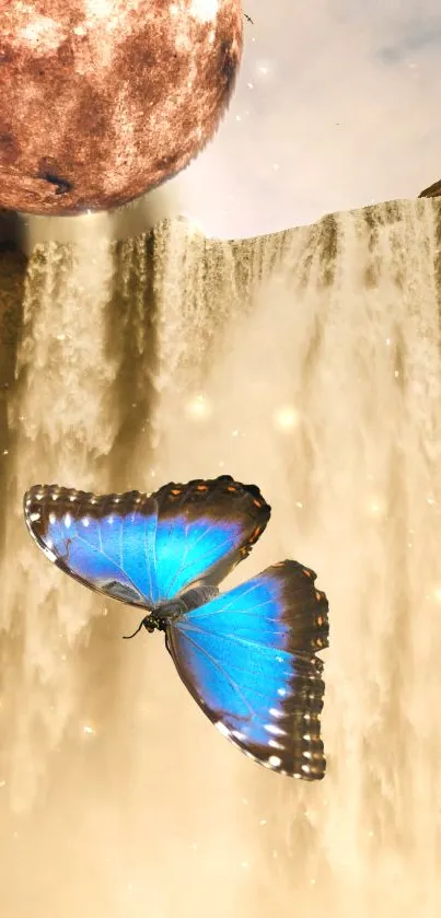 Surreal scene with blue butterfly, waterfall, and glowing moon in a fantasy setting.