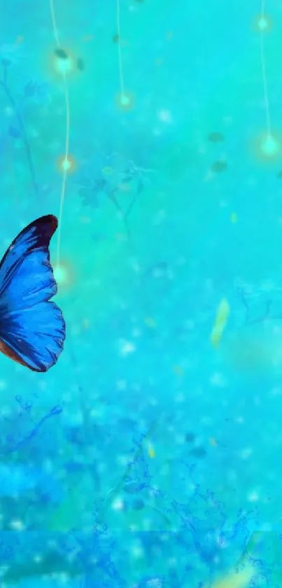 Blue butterfly amidst glowing lights and flowers.