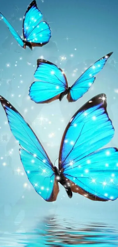 Vibrant blue butterflies with sparkling effect in a fantasy scene.