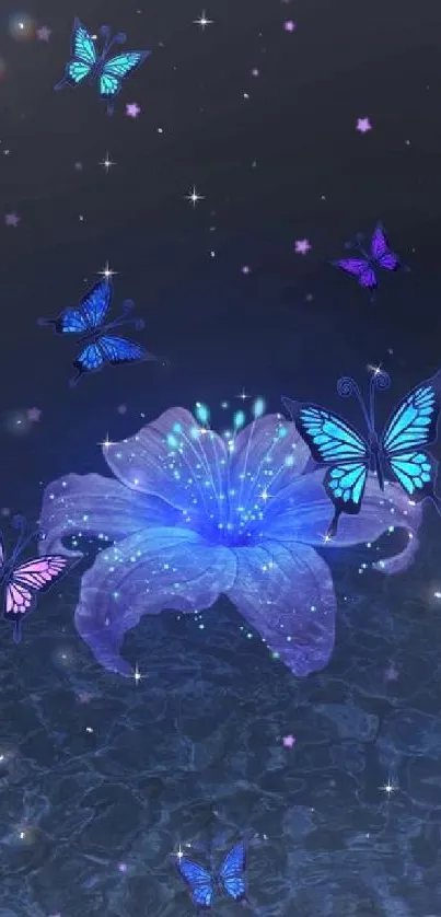 Blue butterflies flutter around a glowing flower in a dark starry night scene.