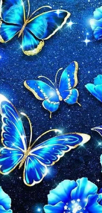 Vibrant blue butterflies and flowers on a sparkling background.