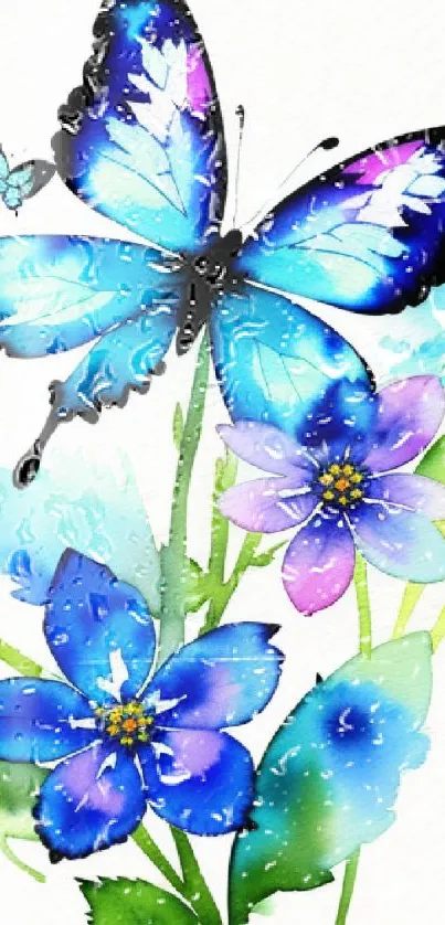 Blue butterfly and flowers in watercolor art style on phone wallpaper.