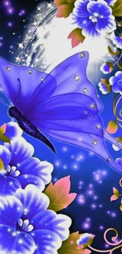 Blue butterfly and floral art wallpaper with night sky background.