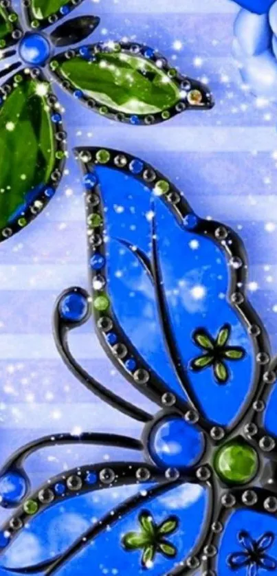 Blue and green butterfly with floral accents on a vivid background.