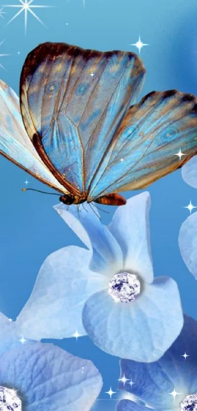 Blue butterfly rests on vivid blue flowers with sparkling accents.