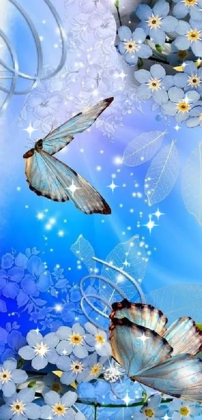 Blue butterflies and flowers on vibrant wallpaper.