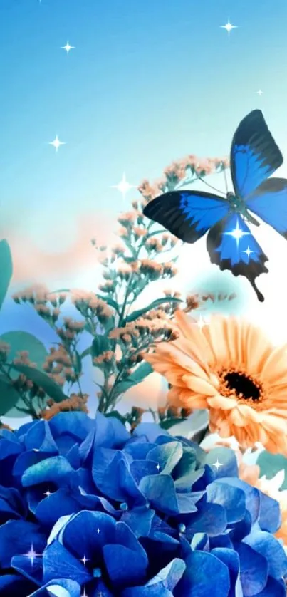 Blue butterfly on vibrant flower backdrop.