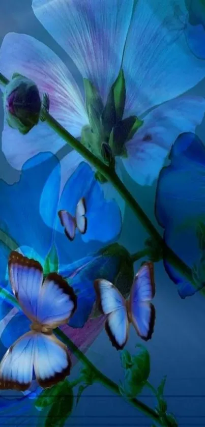 Blue floral and butterfly wallpaper for mobile devices.