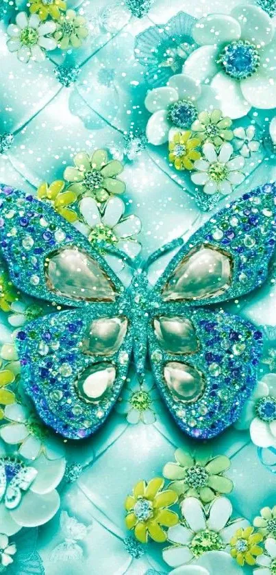 Turquoise butterfly with floral background design.