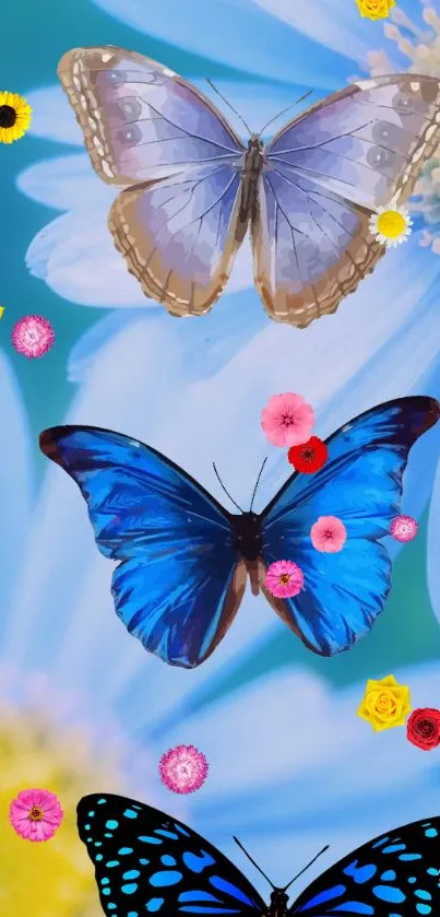 Colorful wallpaper with blue butterflies and flowers.