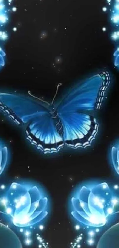 Blue butterfly with glowing flowers on dark background wallpaper.