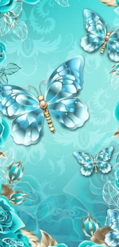 Turquoise wallpaper with butterflies and flowers.