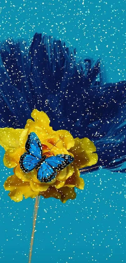 Blue butterfly on yellow flowers with a teal background.