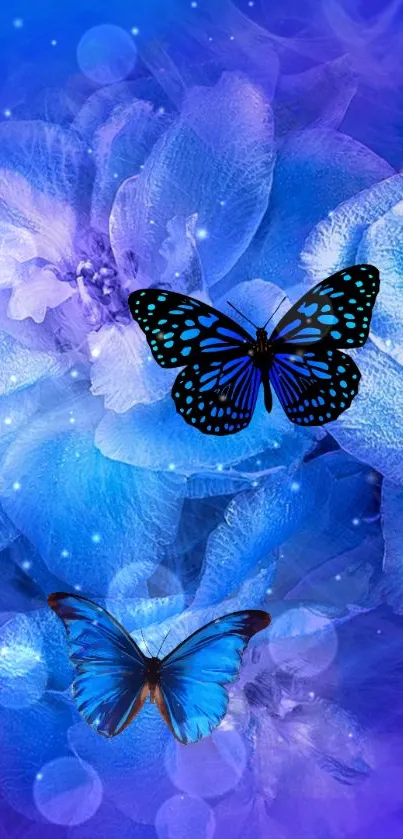 Blue butterflies with floral background wallpaper.