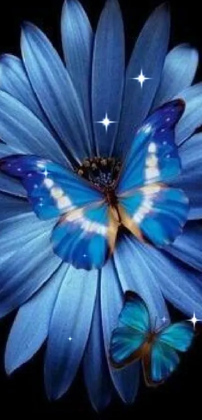 Blue butterflies resting on a blue flower in a vibrant artistic design.