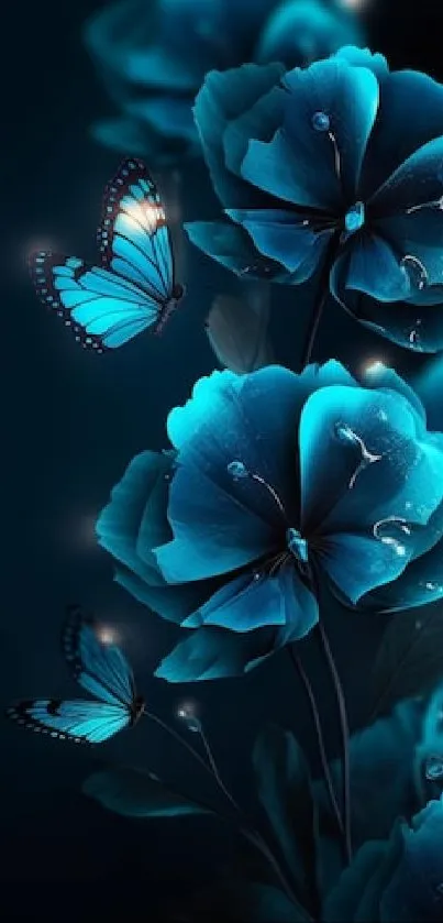 Blue butterfly and flowers on a dark background wallpaper.