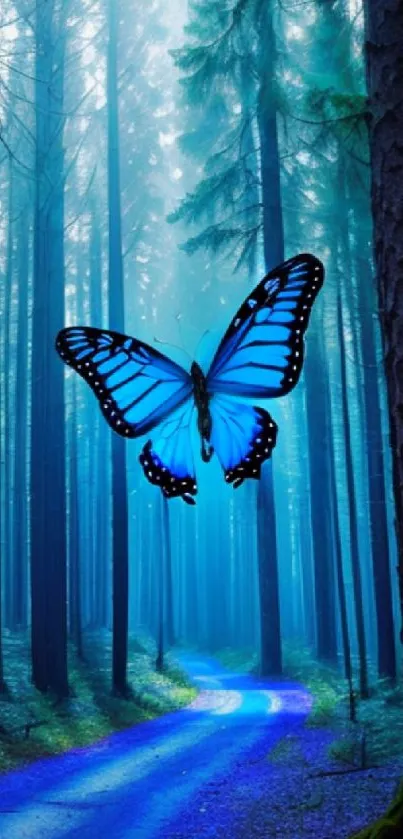 Majestic blue butterfly soaring above a forest path with towering trees.