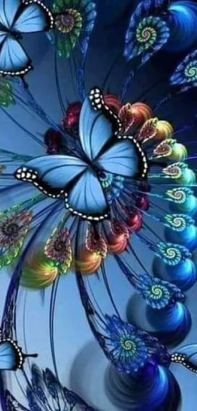 Blue butterfly and fractal pattern wallpaper with vibrant colors.