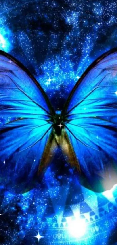 Vibrant blue butterfly in a galaxy-inspired setting.
