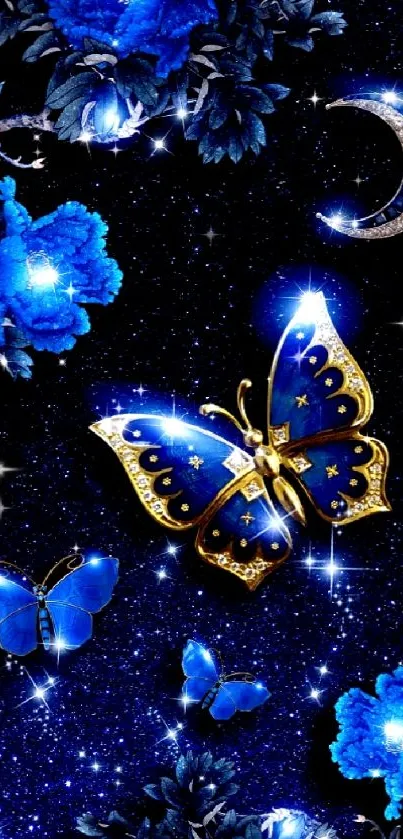 Blue butterflies and flowers in a starry cosmic wallpaper.