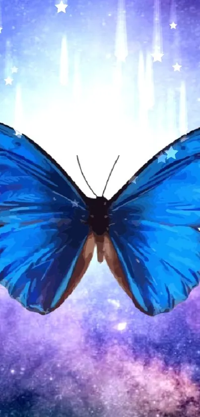 Vivid blue butterfly on a galaxy-themed background for mobile wallpaper.