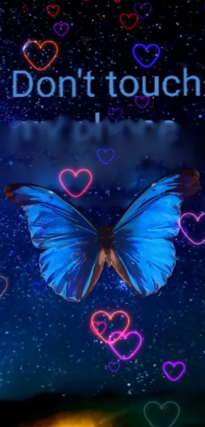 Blue butterfly against a glittering galaxy backdrop with heart shapes.