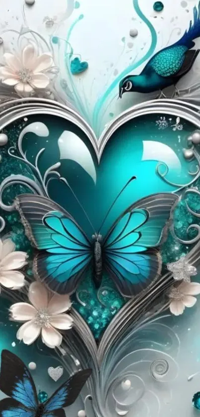 Blue butterfly on a heart surrounded by flowers and a bird.