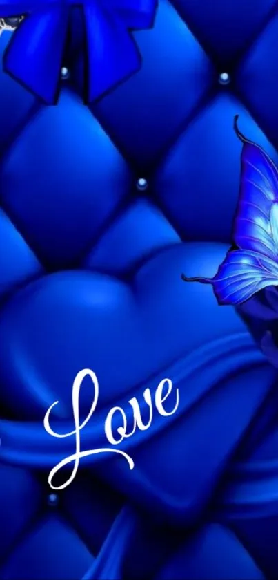 Blue heart design with butterfly and love text.