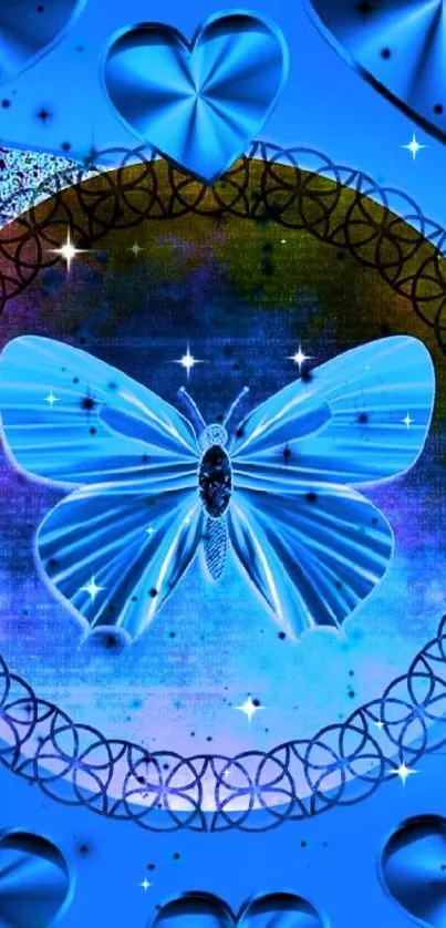 Blue butterfly and hearts wallpaper with cosmic elements.