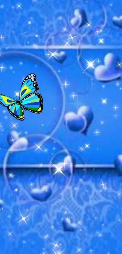 Blue butterfly and hearts wallpaper with sparkle effects.