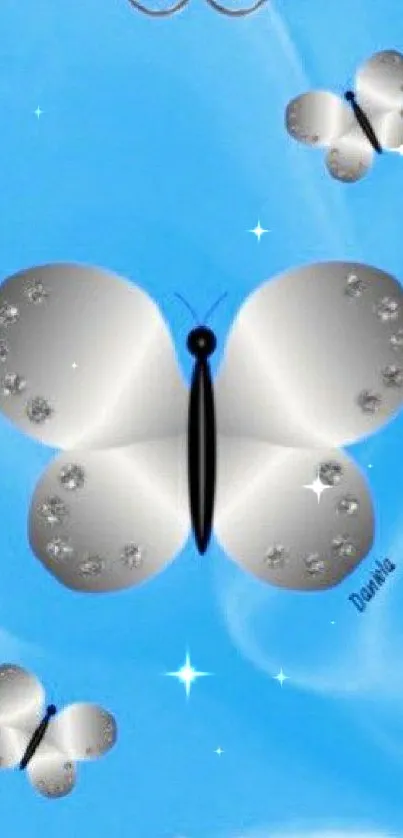 Silver butterflies on a blue background with heart motifs