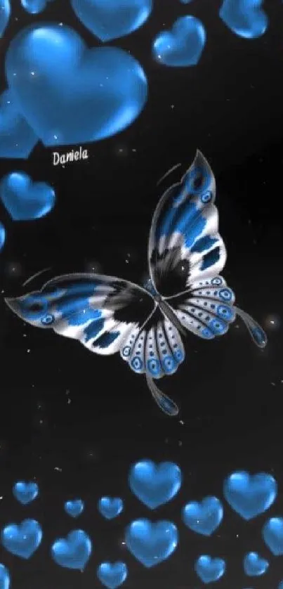 Blue butterfly with floating hearts wallpaper.