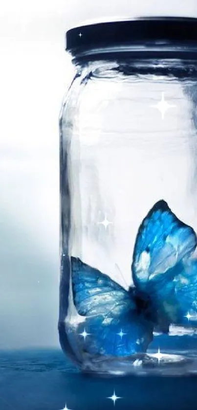 Blue butterfly in a glass jar, artistic mobile wallpaper.