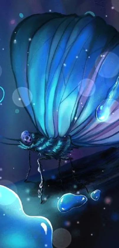 Blue butterfly with neon glow and water droplets on a dark background.