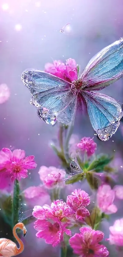 Blue butterfly resting on pink flowers with a serene garden backdrop.