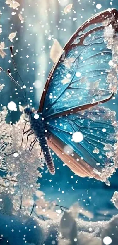 Blue butterfly with frosted wings in a snowy forest scene.