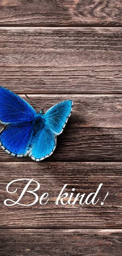 Blue butterfly on rustic wooden background with 'Be kind!' message.