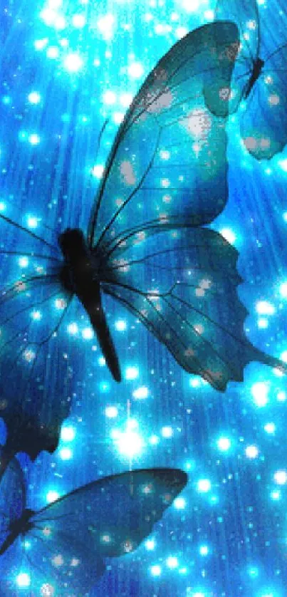 Enchanting blue butterfly with glowing lights wallpaper.