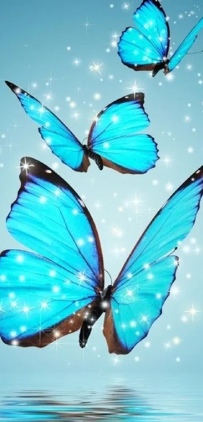 Magical blue butterfly wallpaper with sparkling stars.