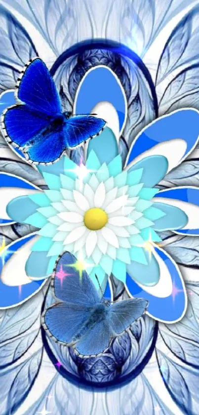 Blue butterfly mandala wallpaper with intricate design.