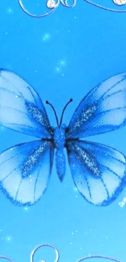 Blue butterfly with swirls on a phone wallpaper background.